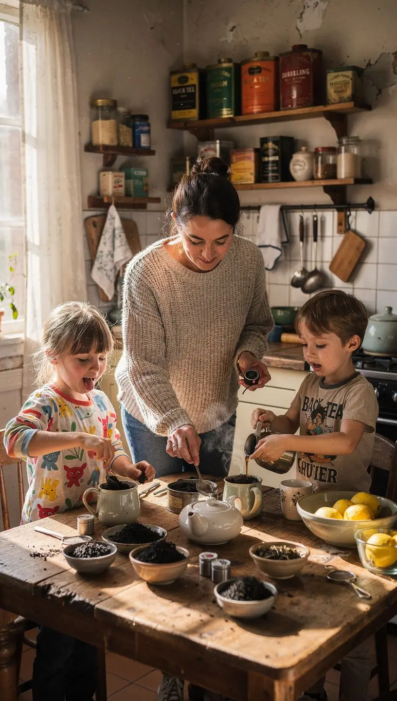 Una teiera tradizionale in ceramica con tè nero versato in tazze.